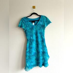 Vintage y2k Turquoise Crinkle Dress Fairycore Asymmetrical Hem, Cap Sleeve  6P